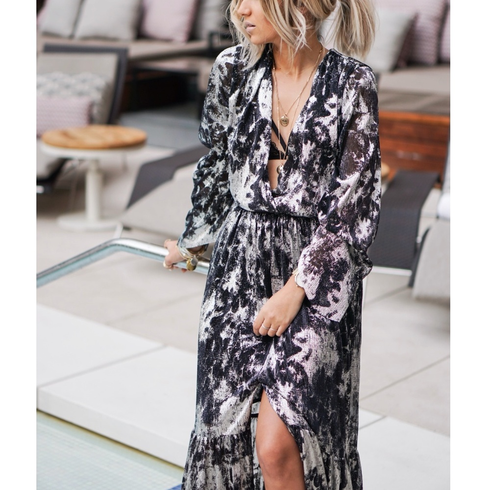 BA&SH Hendrix Metallic Plissé Maxi Robe Dress Gown